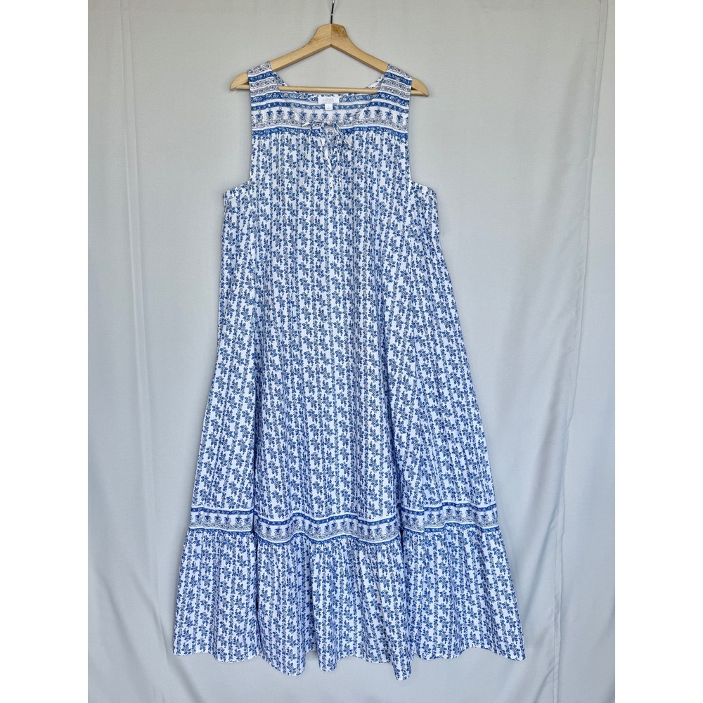 LOVE by GAP White Blue Block Print Cotton Sleeveless Ruffle Hem Maxi Dress Large